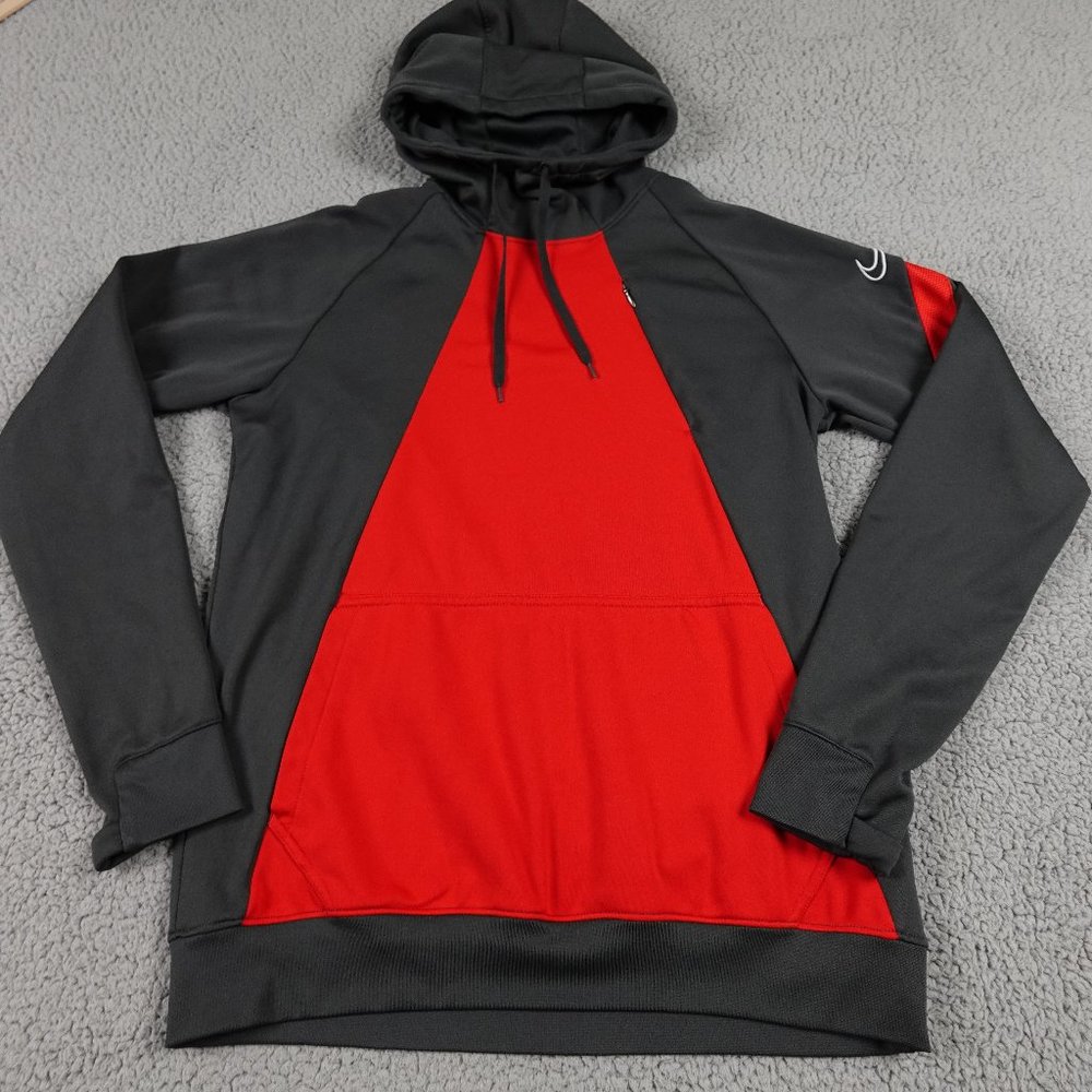 NIKE Dri Fit Hoodie Womens Medium Gray Red Hooded Sweater Drawstring Zip Pocket